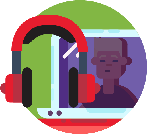 Animated drawing of headphones with a laptop in the background.