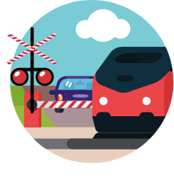 Animation drawing of a train at a railroad crossing. There is a car waiting at the railroad crossing in the background.