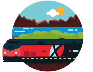 Animation drawing of a train on a track in front of a Mountain range and lake.