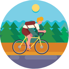 Animation drawing of a man riding a bike on a trail surrounded by evergreen trees.