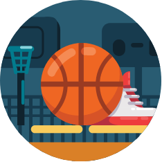 Animation drawing of a basketball. The background contains a basketball hoop and a shoe.