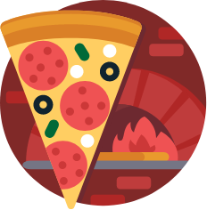 Animation drawing of a pizza. There is a brick wood fire oven in the background.
