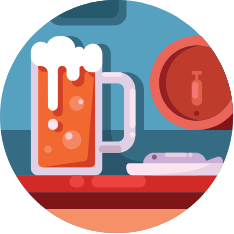 Animation drawing of a foamy beer in a stein sitting on a bar. There is a barrel with a tap behind the bar.